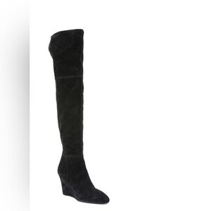 Via Spiga Thigh High Fold Over Pointed Suede Wedge Black Boots | Size 8.5 | Chic